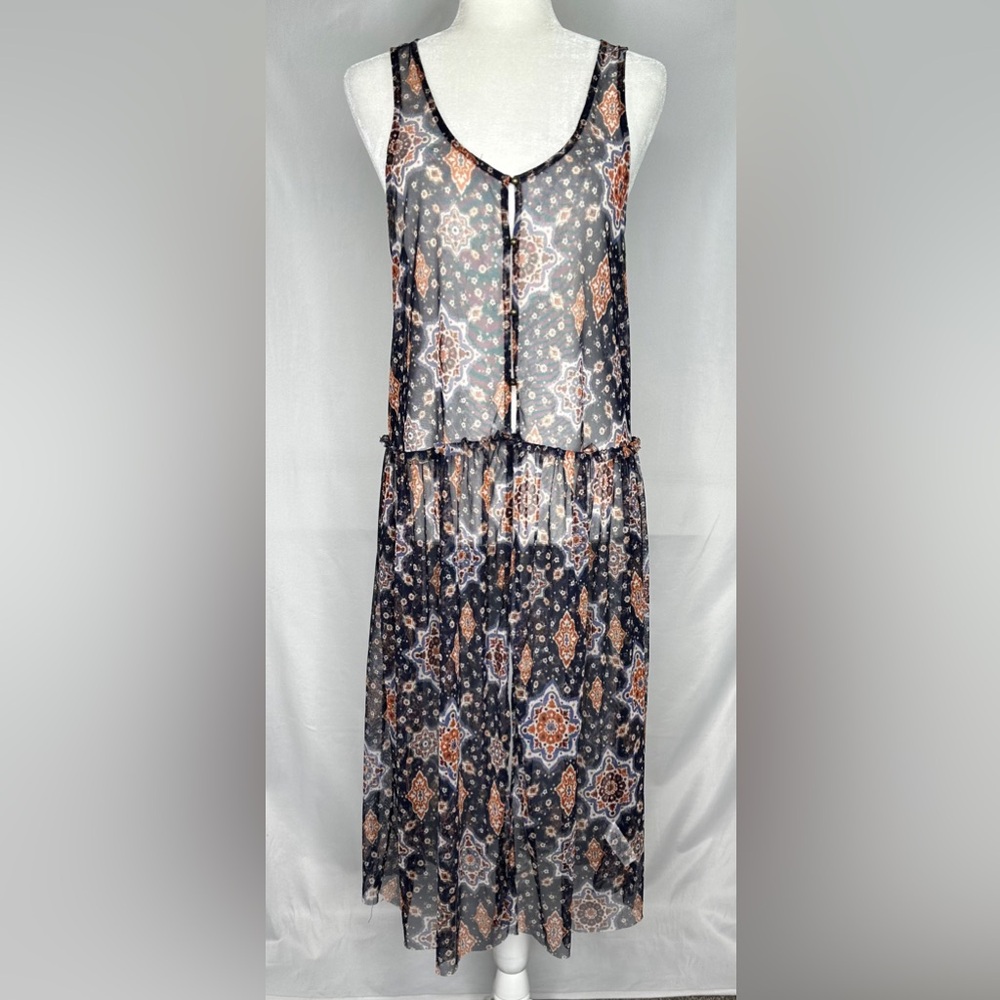 Maurices Bohemian Mesh Overlay Midi Top‎ Navy Orange Sheer Sz L
